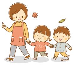 a woman and two children are walking together