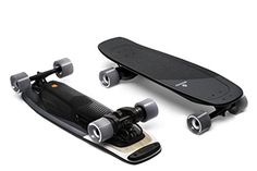 an electric skateboard is shown with its wheels on the bottom and top, as well as another one