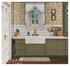 a painting of a kitchen with green cabinets and white counter tops, an open door leading to the outside