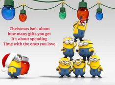 three minion characters are standing in front of christmas lights and the words merry christmas