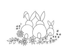 two rabbits are sitting in the grass with flowers and leaves around them on a white background