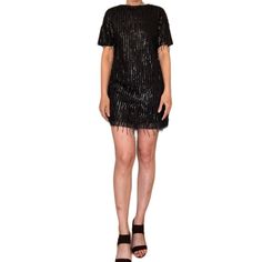 Zara Black Sequin Fringe Dress Shift Silhouette Short Sleeves Button Back Detailing Fringed Appliqus W/Sequin No Tags, But Never Worn! Size S I’m Wearing The Dress In The First Picture Height: 5’10” Weight: 140 Lbs Bust: 34 B Model Photo From Zara Included