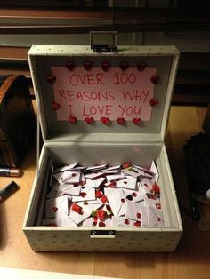 an open box that has been decorated with red and white hearts on it, which reads oh my god this is so cute over 40 reason why i love you