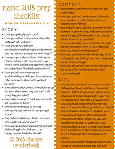 an orange and white checklist with the words nano 2013 prep checklist on it