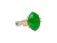 "Item Details: - Type: Cocktail Ring - Metal: 18K White, Yellow Gold  - Weight: 5.66 Grams  - Style: Interlocking  - Setting: Prong - Size: 6  - Measurements: 2.5 x 2 CM  Center Stone Details:    - Type: Jadeite Jade - Carat: 4.76 - Cut: Cabochon, Oval - Color: Green  - Measurements: 16 x 10.15 mm  Side Stone Details(1):  - Type: Diamond  - Color: Yellow  - Carat: 0.44 CTTW - Cut: Trapezoid - Quantity: 2  - Measurement: 4 x 3.5 mm  Side Stone Details(2):  - Type: Diamond  - Carat: 0.34 CTTW - Cu Oval Green Hallmarked Diamond Ring, Hallmarked Green Oval Diamond Ring, Oval Green Diamond Ring Hallmarked, Green Oval Multi-stone Diamond Ring, Oval Multi-stone Emerald Ring, Green Multi-stone Oval Diamond Ring, Oval Green Multi-stone Diamond Ring, Lime Green Rings With Accent Stones, Lime Green Oval Rings Fine Jewelry