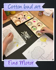 two children are painting pictures on paper with the words cotton bud art in front of them