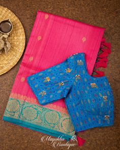 "Our Most Sold collection! This is an Irresistible Pink color Banarasi Tassar silk is back in stock now ❤️❤️❤️ Featuring subtle collection with Tifli weaving borders in Blue and Warm Pink body complemented with beautiful work in Blue Ikkat Blouse ❤️ *Fall, Pico & Tassels : Done *Condition : New Saree With Stitched Blouse with Hand work. *Ready to Wear *Dry Clean Only Blouse: Hand Work blouse with front buttons. Padded. Size 38\" expandable up to 42/44 or can be downsized too. Weight : Approximat Transitional Bollywood Blouse Piece With Woven Motifs, Slub Silk Blouse With Zari Weaving For Puja, Diwali Raw Silk Handloom Blouse, Diwali Handloom Raw Silk Blouse, Handloom Raw Silk Saree Blouse, Handloom Slub Silk Blouse For Festivals, Slub Silk Blouse With Zari Weaving For Seasonal Transition, Festival Handloom Blouse In Slub Silk, Navratri Slub Silk Blouse With Pallu