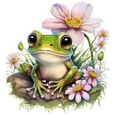 a green frog sitting on top of a rock next to pink flowers and daisies