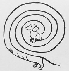 a black and white drawing of a dog in a spiral