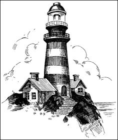 a black and white drawing of a lighthouse