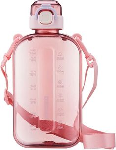 a pink water bottle with a strap around it