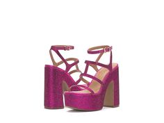 Jessica Simpson Meitini - Women's Shoes : Fuchsia : Radiate true elegance with your timeless style by wearing the Jessica Simpson Meitini sandals. Strappy textile upper. Synthetic lining with a cushioned footbed. Adjustable buckle closure on the ankle strap. Open round toe silhouette. Rhinestone embellishments on the upper, midsole, and heel. High block heel. Durable synthetic outsole. Imported. Measurements: Heel Height: 5.2 in, Platform Height: 1.8 in. Glamorous Summer Sandals With Buckle Closure, Party Sandals With Cushioned Footbed And Round Toe, Party Sandals With Cushioned Footbed And Open Heel, Party Open Toe Sandals With Cushioned Footbed, Party Sandals With Cushioned Footbed And Open Toe, Open Toe Sandals With Buckle Closure For Prom, Glamorous Ankle Strap Sandals With Buckle Closure, Glamorous Sandals With Buckle Closure For Night Out, Prom Sandals With Buckle Closure And Open Toe