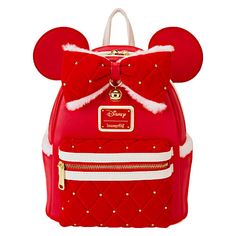 EXCLUSIVE DROP: Loungefly Christmas Minnie Mouse Santa Suit Mini Backp Best Disney Restaurants, Suit Cosplay, Santa Bags, Santa Suit, Dashing Through The Snow, Santa Suits, Velvet Quilt