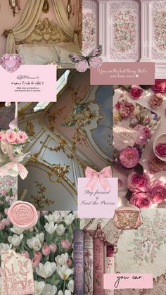 a collage of pink and white images with roses on the bed, wallpaper