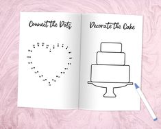 an open book with the words connect the dots and decorate the cake in black ink