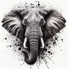 an elephant's head is shown in black and white with paint splatters