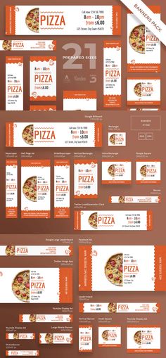 the menu for pizza is shown in red and orange colors, with different sections on each side