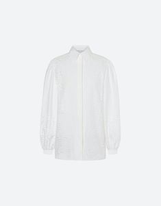 ALBERTA FERRETTI Button Down Shirt with Sangallo Embroidery Cotton poplin shirt with Sangallo decorations featuring floral and geometric motifs, which give lightness and delicacy to the garment. The puffy sleeves add a romantic retro flavor. Composition: 70% cotton 30% Polyester Color: White, Red Fit: True to Size Luxury White Button-up Blouse, Designer Embroidered Shirt For Work, Designer Embroidered Workwear Shirt, Luxury White Cotton Blouse, Designer Embroidered Shirt For Spring, Elegant Cotton Shirt With Floral Embroidery, Designer White Button-up Blouse, Designer Embroidered White Tops, Designer Formal Tops With Floral Embroidery