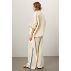 Off-white cotton (51% Cotton, 49% Linen). Top. 3/4 Sleeves. Crewneck.  Back button closure. 28" from shoulder to hemline. Imported. Boxy Tee, Relaxed Jeans, Rent The Runway, Jw Anderson, Closet Designs, Linen Top, Fashion Updates, White Cotton, Tee Shirts