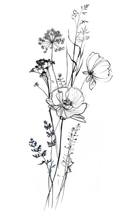 black and white drawing of flowers on a white background