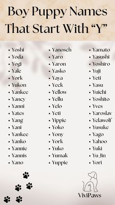 the names of puppies that start with y in english and japanese, as well as some other words