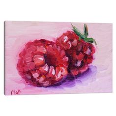 a painting of two strawberries on a pink background