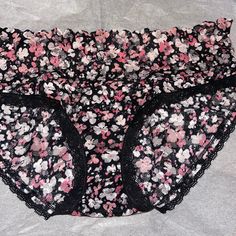 Nib Vs Panty Victoria's Secret Pink Brief Bottoms, Black Briefs With Elastic Waistband, Black Lounge Bottoms With Lace Trim, Stretch Floral Print Bottoms For Daywear, Feminine Stretch Floral Print Bottoms, Pink Stretch Bottoms By Victoria's Secret, Victoria's Secret Pink Stretch Bottoms, Victoria's Secret Pink Bottoms For Spring, Victoria's Secret Floral Print Bottoms For Spring