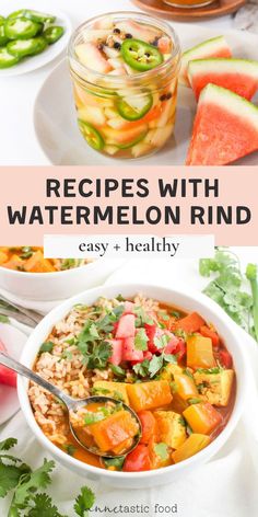 watermelon rind in a white bowl with spoons next to it and sliced watermelon on the side