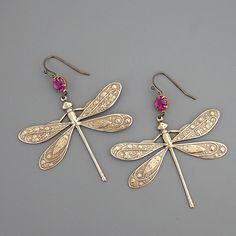 "Vintage Jewelry - Vintage Rhinestone Earrings - Art Deco Earrings - Dragonfly Earrings - Pink Statement Earrings - handmade Awesome vintage dragonfly earring embellished with sparkling pink rhinestones.  Beautiful Art Deco design on the wings. Nice and light for all day wear.  Fabulous statement earrings. Chloe says, Wear them and feel fabulous!\" They measure 2 1/2\" long from the top of the ear wire.  Thanks for visiting Chloe's" Junk Jewellery, Pink Statement Earrings, Vintage Rhinestone Earrings, Vintage Dragonfly, Junk Jewelry, Ethereal Wedding, Deco Earrings, Earrings Art, Dragonfly Earrings