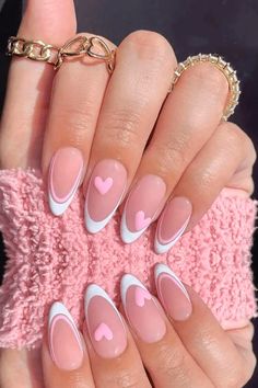 Valentine's Day Press on nails Long Fake Nails Acrylic French Pink Heart Almond Pink Line White Edge Valentine Nails, Colorful Nails, Nail Designs Valentines, Blue Nail, White Nail, Pink Acrylic Nails, Heart Nails, Short Acrylic Nails, Nail Arts