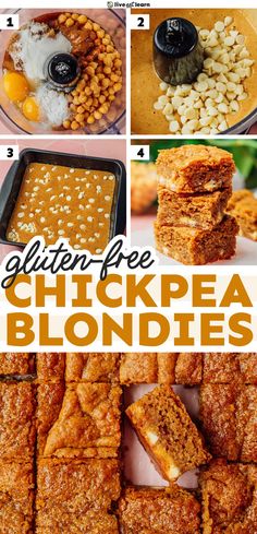 the steps to making gluten - free chickpea blondies are shown