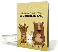 a greeting card featuring two bears and a cat with the words welcome little one mitchell dean gray