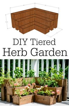 the diy tiered herb garden is made from wooden boxes