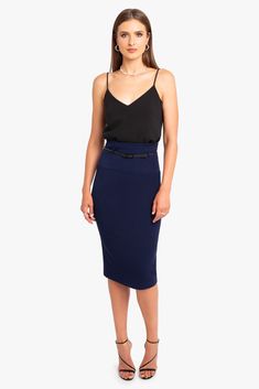 The classic pencil skirt made of our finely woven, stretch gabardine. Style features detailed yoke with a 3/8" genuine leather belt that sits at your natural waist. Skirt has center back invisible zipper, with hook and eye closure. Falls 29" from natural waist. Self: 62% Polyamide, 32% Viscose, 6% Elastane. Lining: 95% Polyester, 5% Elastane. Dry Clean Only. Made in USA of Imported Materials. 29 inches From Natural Waist Genuine Leather Belt Center Back Hidden Zipper Fully Lined Tailored Pencil Black Halo, Jackie O, Mid Length Skirts, Simple Shirts, Genuine Leather Belt, Invisible Zipper, Hidden Zipper, Leather Belt, Waist Skirt