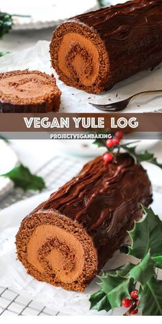 two pictures of a log cake with chocolate frosting and holly on the side, one is cut in half