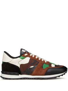 multicolour calf leather/calf suede/nappa leather panelled design camouflage print signature Rockstud detailing logo patch at the tongue contrasting heel counter round toe front lace-up fastening flat rubber sole Brown Calf Leather Sneakers With Rubber Heel Cap, Camouflage Leather Sneakers With Round Toe, Leather Camouflage Sneakers With Round Toe, Casual Camouflage Leather Sneakers, Casual Leather Camouflage Sneakers, Low-top Calf Leather Sneakers With Studded Outsoles, Camouflage Leather Sneakers For Streetwear, Multicolor Low-top Sneakers With Leather Sole, Leather Camouflage Sneakers For Streetwear