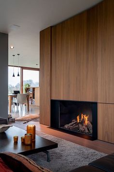 a living room filled with furniture and a fire place next to a wall mounted fireplace