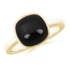 The brilliant cushion black onyx captivates with its bold and dramatic charm. Bezel set on the lustrous shank, the gemstone exudes a mysterious black hue. This simple yet elegant cabochon black onyx solitaire ring in 14k yellow gold is a visual treat. Modern Black Formal Jewelry, Classic Black Gemstone Ring, Classic Black Onyx Jewelry, Timeless Black Jewelry With Bezel Setting, Modern Black Jewelry With Bezel Setting, Modern Black Rings For Evening, Timeless Black Ring For Evening, Timeless Black Rings For Evening, Timeless Black Evening Rings