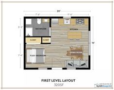 a floor plan for a small house with the first level layout and two bedroom, one bathroom