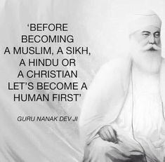 an old man with a white beard sitting in front of a quote from gurunanak deviji