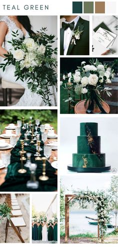 green and white wedding color palettes with greenery, flowers, candles, and cake