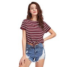 FREE SHIPPING Striped Bow Tie Front Cropped Tshirt JKP1181 Casual Striped Short Sleeve Crop Top, Casual Striped Cotton Crop Top, Casual Striped V-neck Top, Casual V-neck Cotton Crop Top, Teen Crop Tops, Lace Sundress, Sundress Summer, Cute Dress Outfits, Cuffed Sleeve