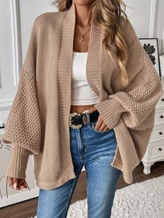 Solid Color Bat Wing Knit Cardigan, Spring/Fall Apricot Casual  Long Sleeve Knitwear Plain  Medium Stretch  Women Clothing, size features are:Bust: ,Length: ,Sleeve Length: Loose Fall Outfits, Spring Cardigan Outfit, Inexpensive Clothes, Áo Len Cardigan, Cozy Knits, Online Clothing Stores, Cozy Sweaters, Knitwear Women