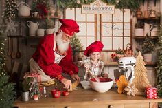 an old fashioned christmas scene with santa claus and his little helper mixing the batter