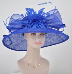 Blue Curved Brim Hat For Church, Blue Hat With Curved Brim For Royal Ascot, Blue Curved Brim Hat For Royal Ascot, Fitted Royal Blue Wide Brim Hat, Blue Curved Brim Hat For Kentucky Derby, Royal Blue Fitted Hat For Kentucky Derby, Fitted Royal Blue Hat With Short Brim, Blue Structured Crown Hat For Spring, Blue Spring Hat With Structured Crown