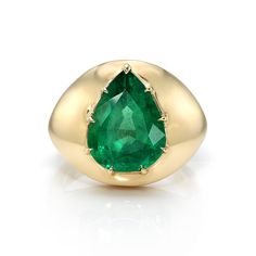 4.08ct pear shaped green emerald prong set in a handcrafted 18K yellow gold domed mounting. Teardrop Emerald Ring In Yellow Gold, Classic Green Teardrop Emerald Ring, Classic Teardrop Emerald Ring For Formal Occasions, Teardrop Emerald Ring For Formal Occasions, Gold Teardrop Emerald Ring, Green Teardrop Emerald Ring For May Birthstone, Gold Emerald Pear-shaped Ring, Gold Pear-shaped Emerald Ring, Classic Pear-shaped Emerald Ring