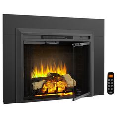 an electric fireplace with flames and remote controls