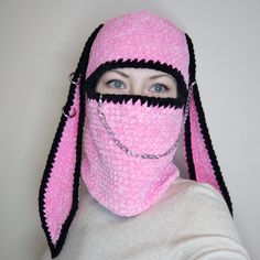 Pink bunny hat goth is amazingly, very soft and skin-friendly! Bunny balaclava with ears. Pastel goth bunny balaclava knit hood. Hand knitted cute balaclava with rabbit earsis the most fashionable accessory of this season! Hand knit balaclava with ears is a gret idea for gift! Chain and charms included. Crochet balaclava hand made with love! Size available: S, M, L, XL, XXL. Processing time: 5-10 business days. Shipping time: 14-50 days. Ears length: 16" Materials - microfiber yarn Hand wash ... Balaclava With Ears, Alternative Crochet, Bunny Balaclava, Bunny Hat Crochet, Goth Hat, Balaclava Knit, Zombie Bunny, Goth Bunny, Knit Balaclava