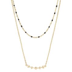 A gold moon phase bar charm set between gold stainless steel chain and paired with a shorter black enamel chain. This necklace does all the layering for you! Black Layered Necklace With Adjustable Chain As Gift, Black Chain Necklaces For Layering, Trendy Black Layered Necklace For Gift, Minimalist Black Necklace With Satellite Chain, Trendy Black Jewelry With Double Chain, Everyday Black Necklace With Cable Chain, Trendy Black Layered Necklace As A Gift, Trendy Black Necklaces Suitable For Layering, Trendy Black Double Chain Jewelry