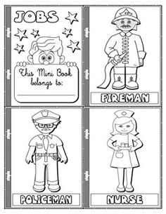 four coloring pages with different professionss for children to color and write on the page